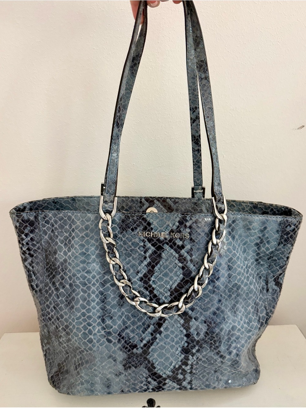 Michael Kors Gray Snake-Print Tote with Chain Accent